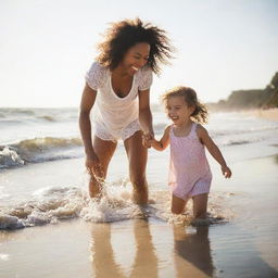 A mother and her daughter joyfully spending time together on a sunlit beach, playing in the sand and splashing in the waves.