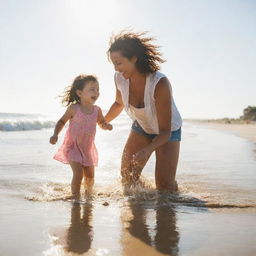 A mother and her daughter joyfully spending time together on a sunlit beach, playing in the sand and splashing in the waves.