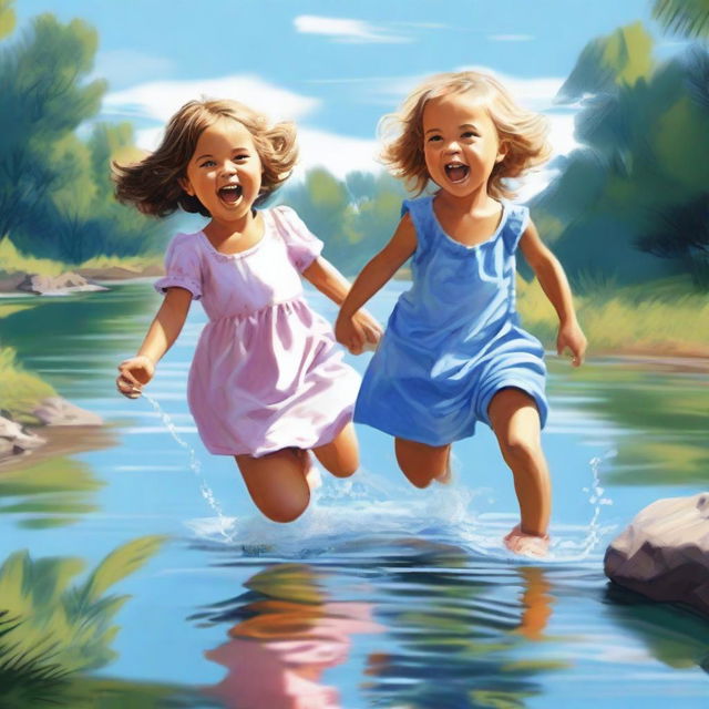 This is a high-quality digital art image, portraying a little girl in a dress and a boy in shorts playfully engaged in a river