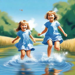 This is a high-quality digital art image, portraying a little girl in a dress and a boy in shorts playfully engaged in a river