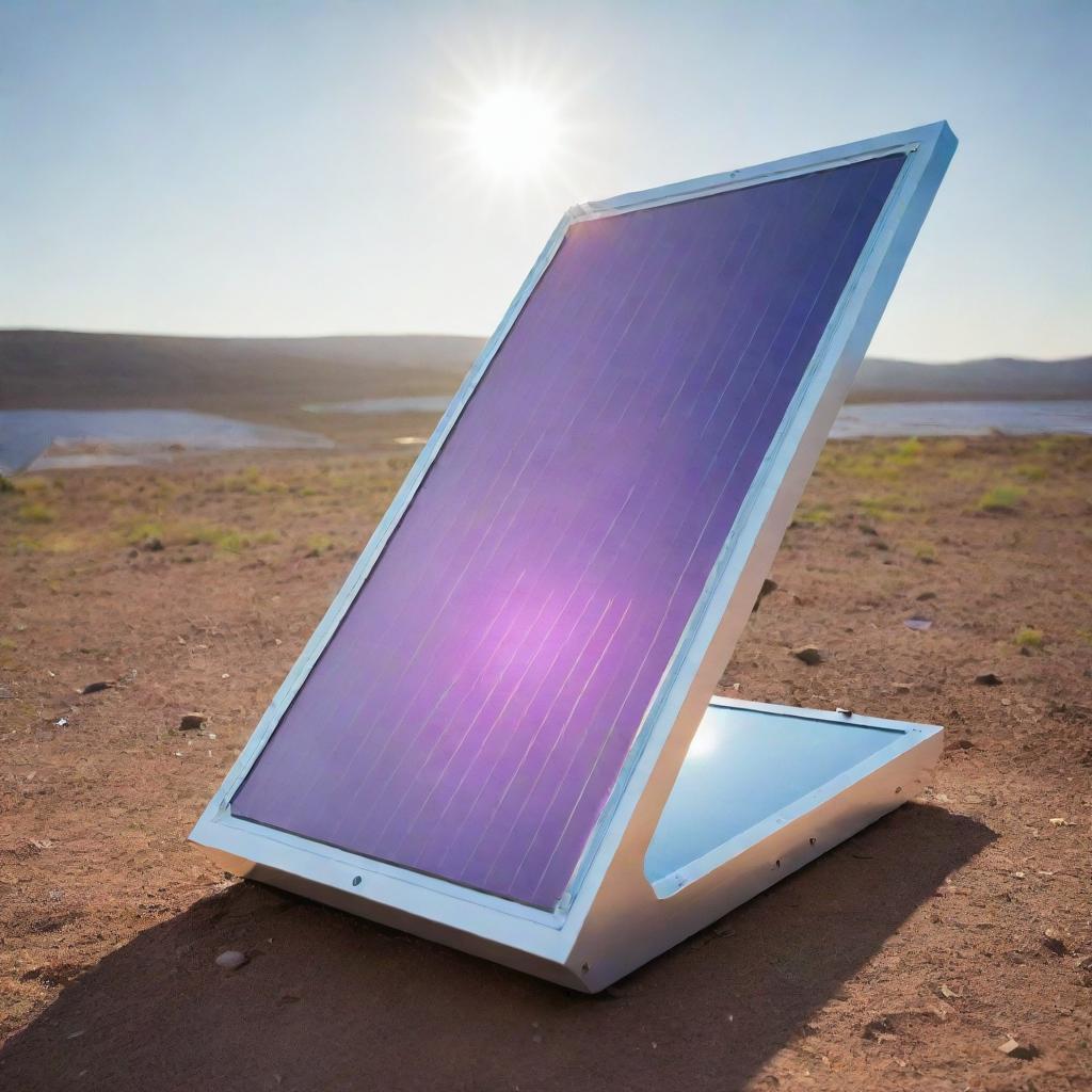 A luminescent solar concentrator (LSC) glowing with vivid colors, efficiently collecting and guiding solar energy. Features include sleek design elements, with a futuristic touch, and cutting-edge technology attributes.