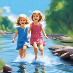 This is a high-quality digital art image, portraying a little girl in a dress and a boy in shorts playfully engaged in a river