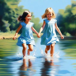 This is a high-quality digital art image, portraying a little girl in a dress and a boy in shorts playfully engaged in a river