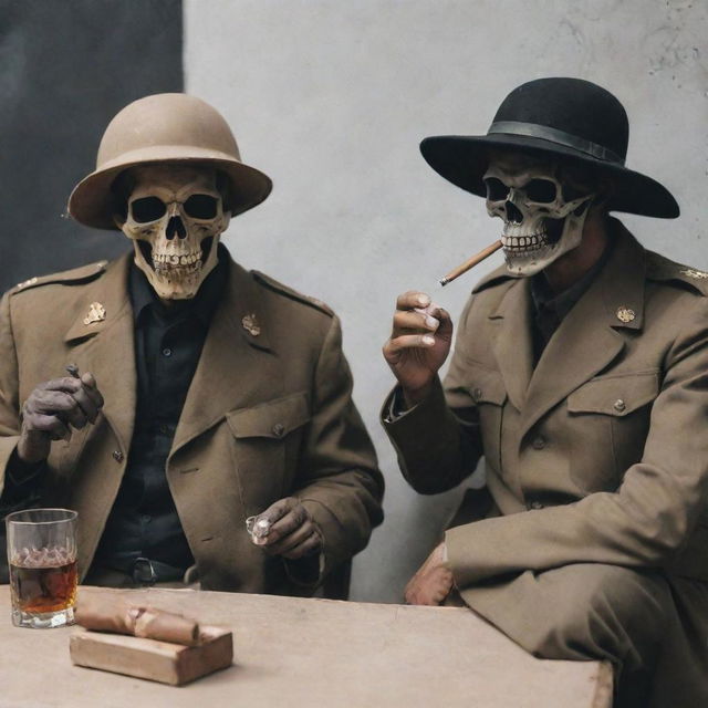 A soldier dressed in khaki uniform sipping whiskey and smoking a cigar in the company of the Grim Reaper.