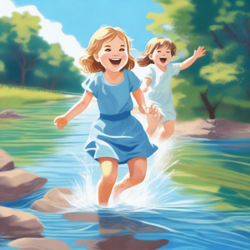 This is a high-quality digital art image that depicts a little girl in a dress and a boy in shorts joyfully playing in a river