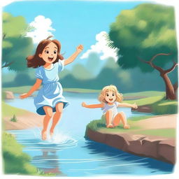 This is a high-quality digital art image that depicts a little girl in a dress and a boy in shorts joyfully playing in a river