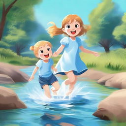 This is a high-quality digital art image that depicts a little girl in a dress and a boy in shorts joyfully playing in a river