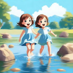 This is a high-quality digital art image that depicts a little girl in a dress and a boy in shorts joyfully playing in a river