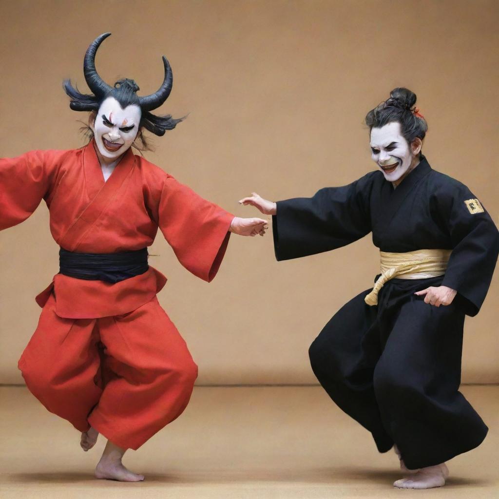 Yoriichi, the demon slayer, and Kokushibo, the six-eyed demon, moving gracefully in a traditional Japanese dance.