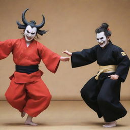 Yoriichi, the demon slayer, and Kokushibo, the six-eyed demon, moving gracefully in a traditional Japanese dance.