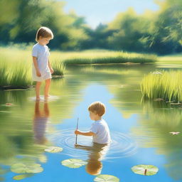 A high-quality digital art image, capturing the innocence of a little boy and his sister playing in a pond