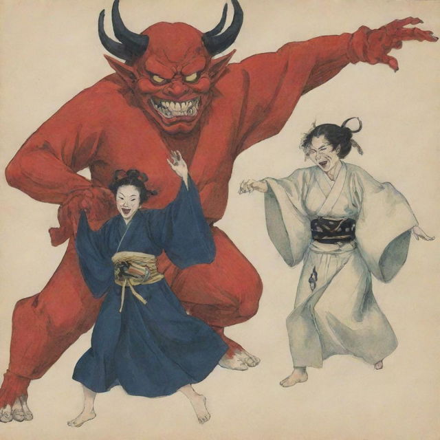 Yoriichi, the demon slayer, and Kokushibo, the six-eyed demon, moving gracefully in a traditional Japanese dance.