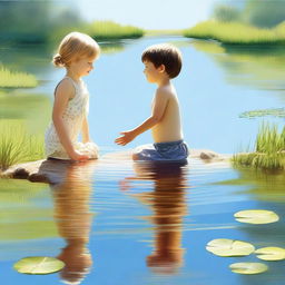 A high-quality digital art image, capturing the innocence of a little boy and his sister playing in a pond