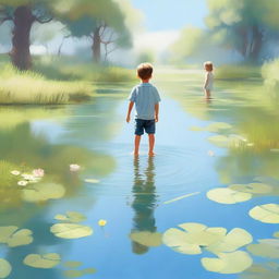 A high-quality digital art image, capturing the innocence of a little boy and his sister playing in a pond