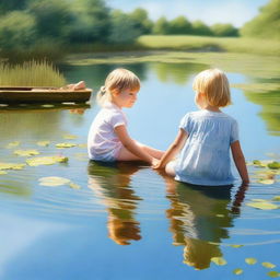 A high-quality digital art image, capturing the innocence of a little boy and his sister playing in a pond