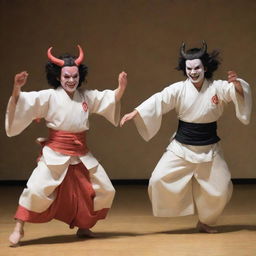 Yoriichi, the demon slayer, and Kokushibo, the six-eyed demon, moving gracefully in a traditional Japanese dance.