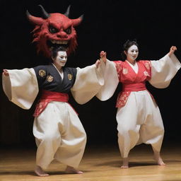 Yoriichi, the demon slayer, and Kokushibo, the six-eyed demon, moving gracefully in a traditional Japanese dance.