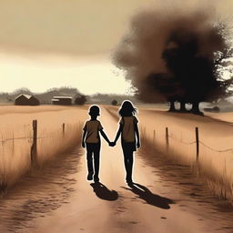 A top-quality digital art representation of a boy and his little sister walking down a dirt road