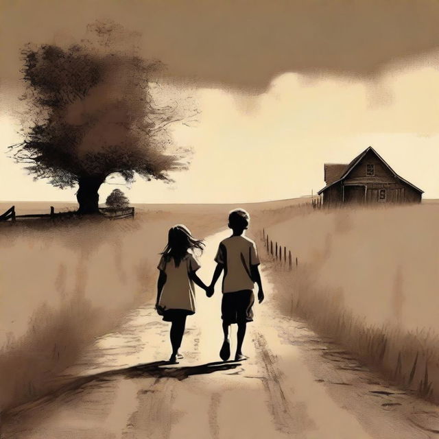 A top-quality digital art representation of a boy and his little sister walking down a dirt road