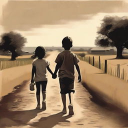 A top-quality digital art representation of a boy and his little sister walking down a dirt road