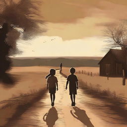 A top-quality digital art representation of a boy and his little sister walking down a dirt road