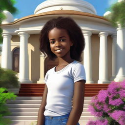 This is a high-quality digital art image featuring Fernanda, a young black girl, outside a house of prayer