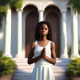 This is a high-quality digital art image featuring Fernanda, a young black girl, outside a house of prayer