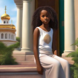 This is a high-quality digital art image featuring Fernanda, a young black girl, outside a house of prayer
