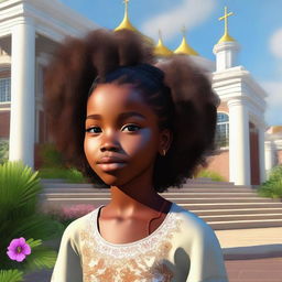 This is a high-quality digital art image featuring Fernanda, a young black girl, outside a house of prayer