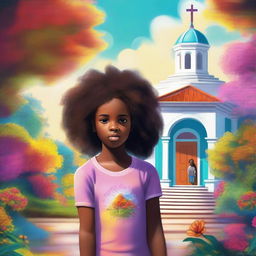 A premium quality digital art image showcases Fernanda, a young black girl, standing in front of a house of prayer