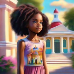 A premium quality digital art image showcases Fernanda, a young black girl, standing in front of a house of prayer