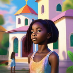 A premium quality digital art image showcases Fernanda, a young black girl, standing in front of a house of prayer