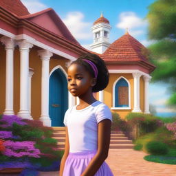 A premium quality digital art image showcases Fernanda, a young black girl, standing in front of a house of prayer