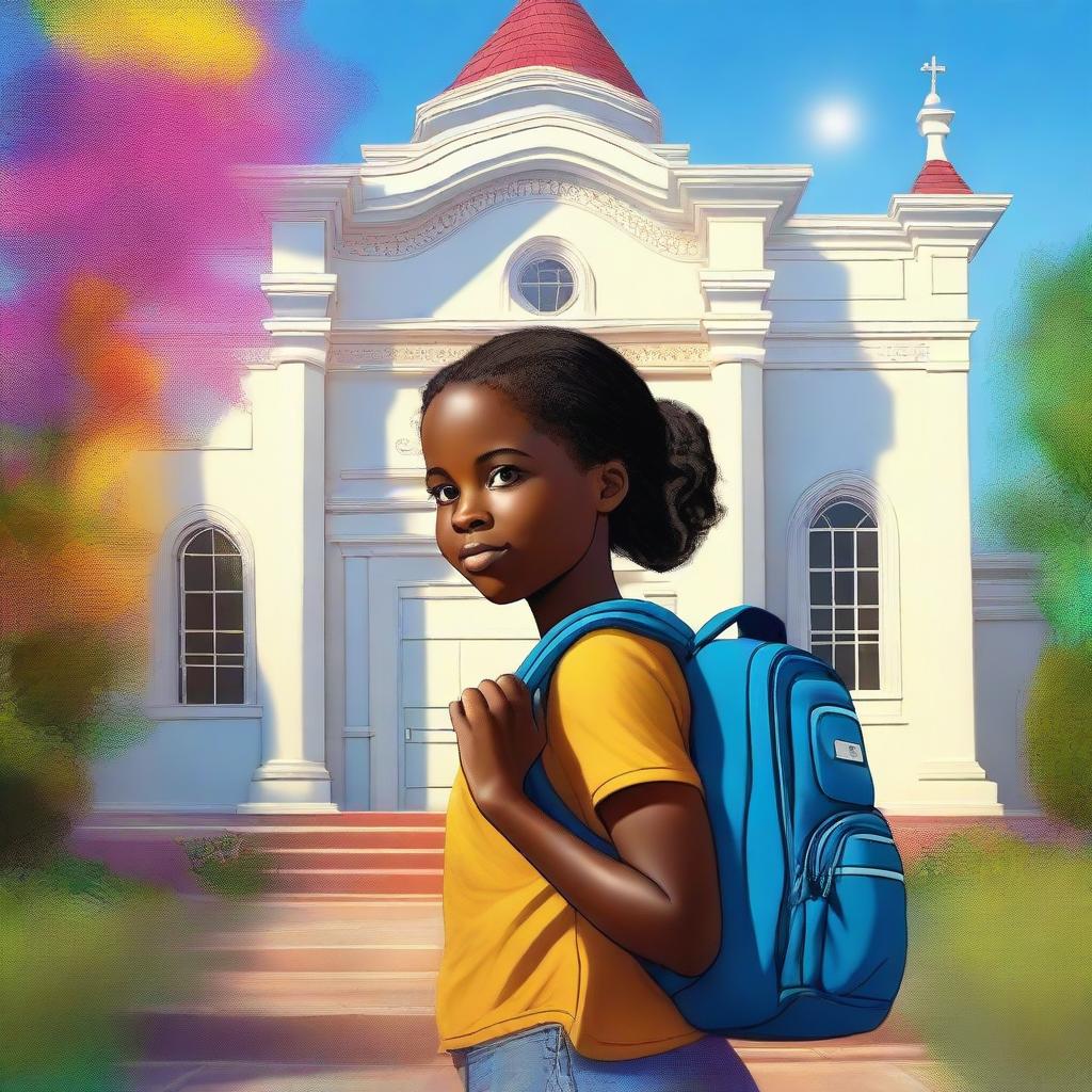 This is an exceptional digital art image featuring Fernanda, a young black girl with a backpack, standing in front of a house of prayer