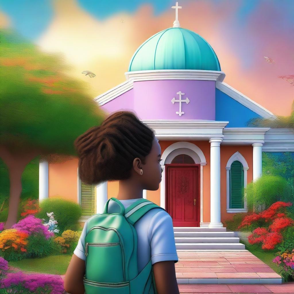 This is an exceptional digital art image featuring Fernanda, a young black girl with a backpack, standing in front of a house of prayer