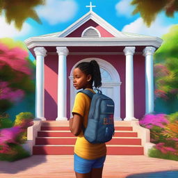 This is an exceptional digital art image featuring Fernanda, a young black girl with a backpack, standing in front of a house of prayer