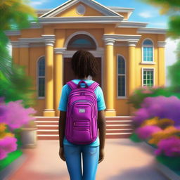 This is an exceptional digital art image featuring Fernanda, a young black girl with a backpack, standing in front of a house of prayer