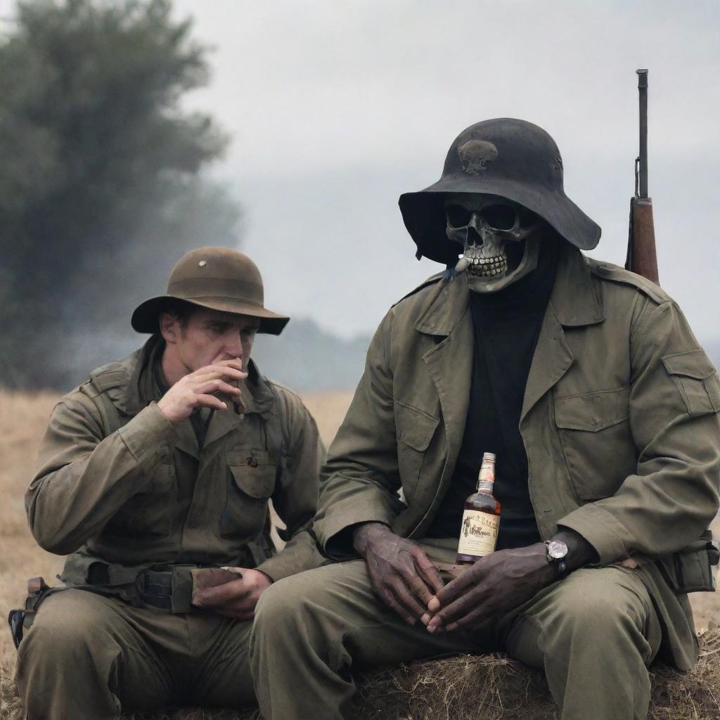 A commando soldier in a khaki uniform drinking whiskey and smoking a cigar with the Grim Reaper.