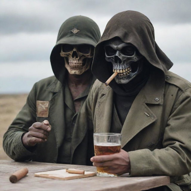 A commando soldier in a khaki uniform drinking whiskey and smoking a cigar with the Grim Reaper.