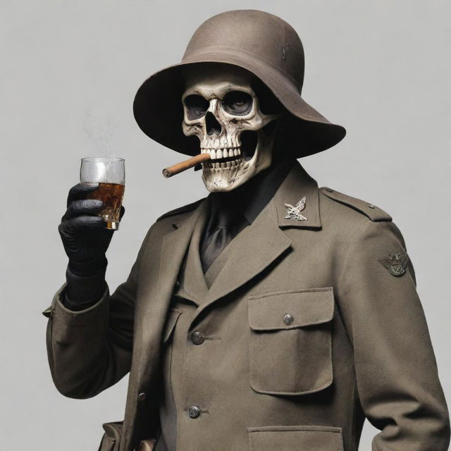 A commando soldier in a khaki uniform drinking whiskey and smoking a cigar with the Grim Reaper.