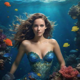 A captivating siren ensnared in shades of blues and greens, gracefully swimming in the underwater world filled with coral reefs and colorful sea creatures.