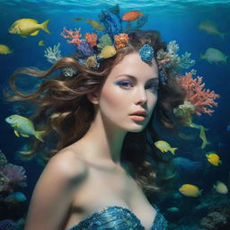 A captivating siren ensnared in shades of blues and greens, gracefully swimming in the underwater world filled with coral reefs and colorful sea creatures.