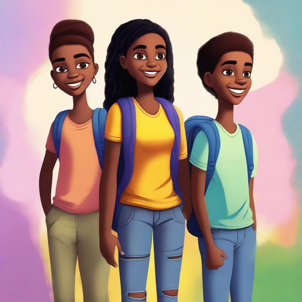 A high-quality digital art image featuring Fernanda, a young black girl with a backpack, standing with her two brothers and parents