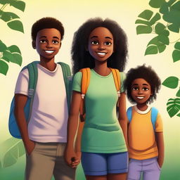 A high-quality digital art image featuring Fernanda, a young black girl with a backpack, standing with her two brothers and parents