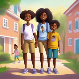 A high-quality digital art image featuring Fernanda, a young black girl with a backpack, standing with her two brothers and parents