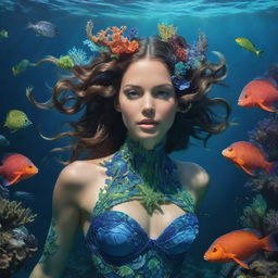 A captivating siren ensnared in shades of blues and greens, gracefully swimming in the underwater world filled with coral reefs and colorful sea creatures.