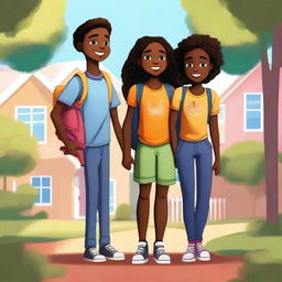 A high-quality digital art image featuring Fernanda, a young black girl with a backpack, standing with her two brothers and parents