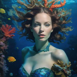 A captivating siren ensnared in shades of blues and greens, gracefully swimming in the underwater world filled with coral reefs and colorful sea creatures.