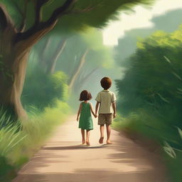 A high-quality digital art image displays a boy in shorts and his little sister in a dress, ambling down a road that meanders through a dense bush