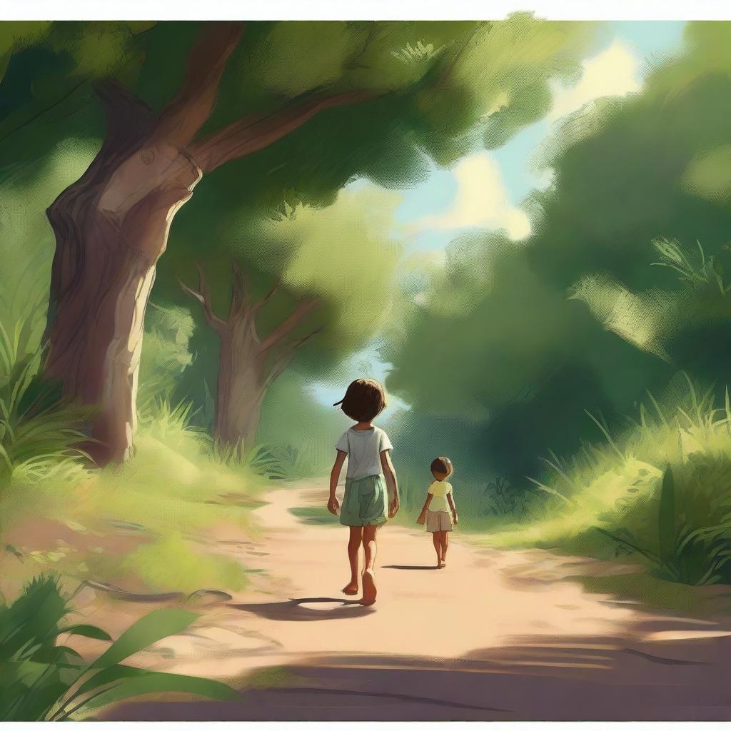 A high-quality digital art image displays a boy in shorts and his little sister in a dress, ambling down a road that meanders through a dense bush